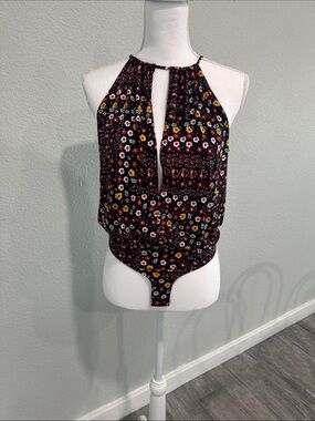 BCBGeneration Black Floral Keyhole Halter Bodysuit
